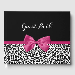 Vivacious Dark Pink Ribbon Leopard Print With Name Guest Book