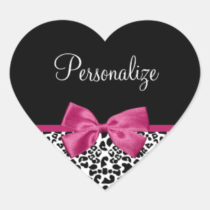 Vivacious Dark Pink Ribbon Leopard Print With Name Heart Sticker