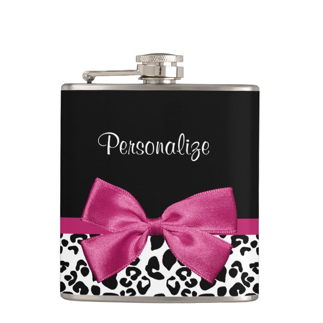 Vivacious Dark Pink Ribbon Leopard Print With Name Hip Flask (Front)