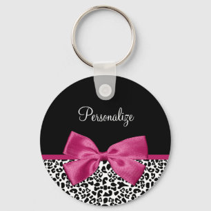 Vivacious Dark Pink Ribbon Leopard Print With Name Key Ring
