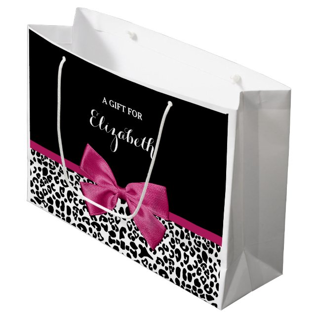 Vivacious Dark Pink Ribbon Leopard Print With Name Large Gift Bag (Front Angled)