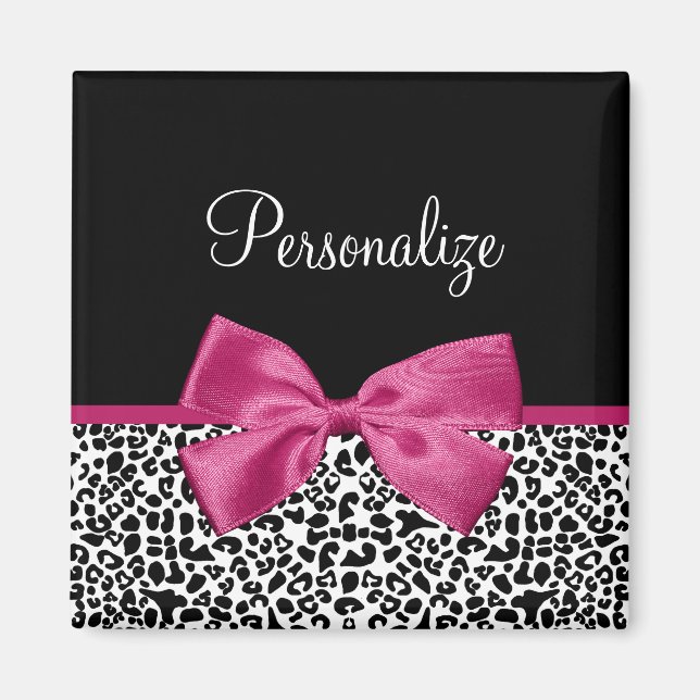 Vivacious Dark Pink Ribbon Leopard Print With Name Magnet (Front)