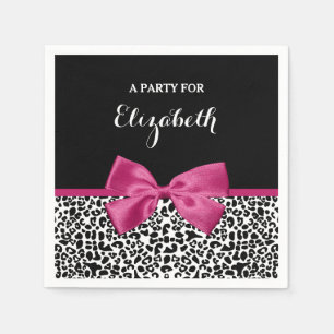 Vivacious Dark Pink Ribbon Leopard Print With Name Napkin