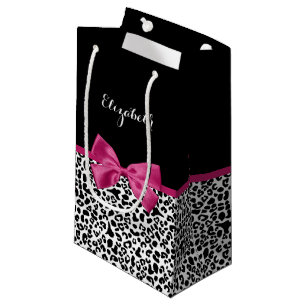 Vivacious Dark Pink Ribbon Leopard Print With Name Small Gift Bag