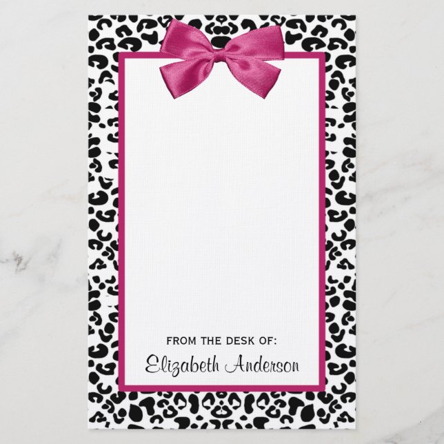 Vivacious Dark Pink Ribbon Leopard Print With Name Stationery (Front)