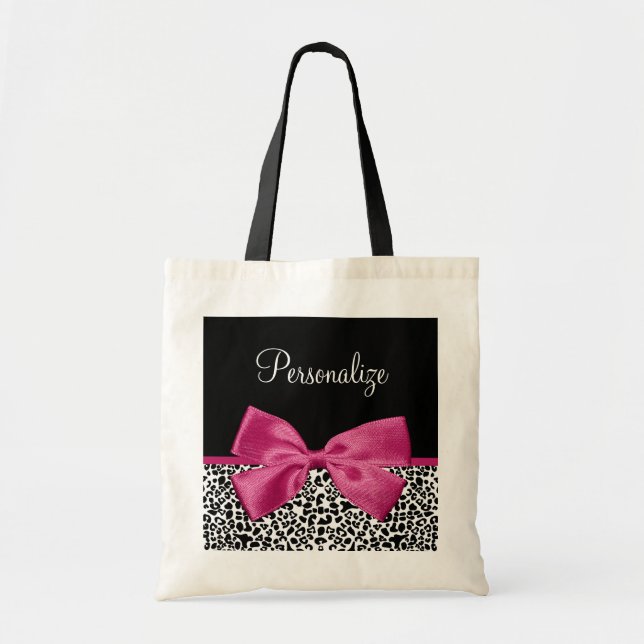 Vivacious Dark Pink Ribbon Leopard Print With Name Tote Bag (Front)