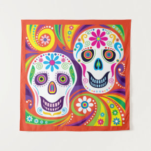 Vivid Abstract Floral Skulls Tapestry