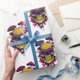 Vivid Amber Crimson Skull and Shroom Wrapping Paper