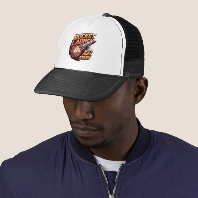 Vivid and Bold Rocket Launch Trucker Hat (In Situ)