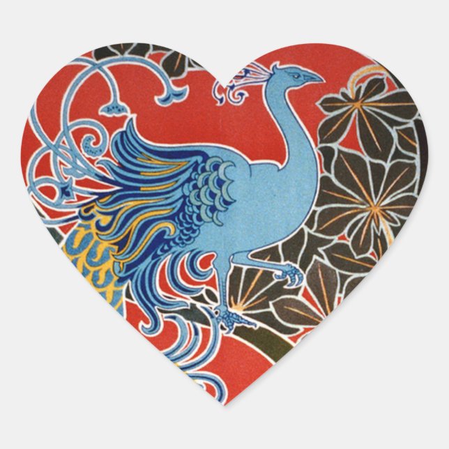 Vivid Art Nouveau Peacock Heart Sticker (Front)
