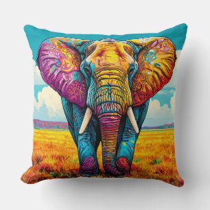Vivid Artistic Elephant in a Colourful Field Cushion