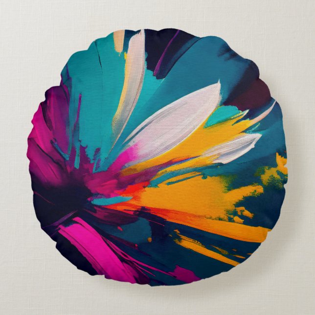 Vivid Bloom – Explosive Abstract Floral Energy Round Cushion (Front)