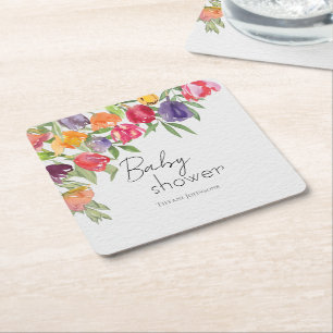 Vivid Blooms Bright Tulips Baby Shower Square Paper Coaster