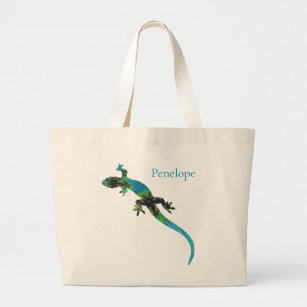 Vivid Blue and Green Fractal Lizard with Name Large Tote Bag