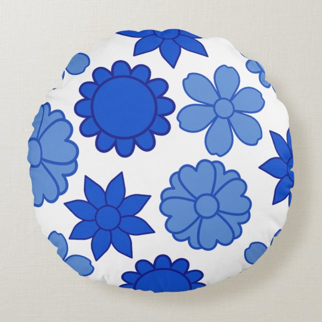 Vivid Blue Floral Round Pillow (Front)