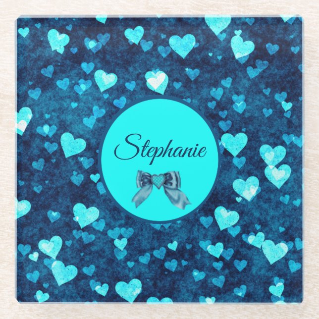 Vivid Blue Hearts Glass Coaster (Front)