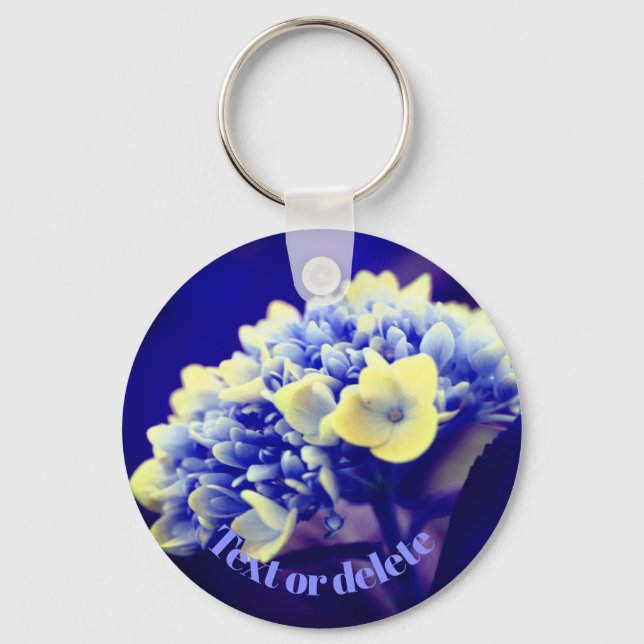 Vivid Blue Hydrangea Flower Personalised Key Ring (Front)