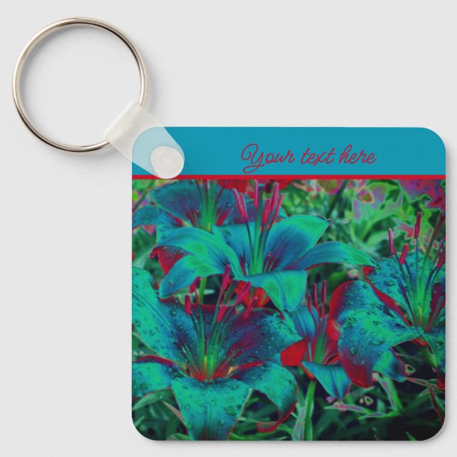 Vivid Blue Lily Flowers Personalised Key Ring (Front)