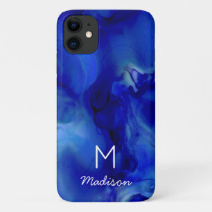 Vivid Blue Marbled Alcohol Ink Texture Monogram iPhone 11 Case