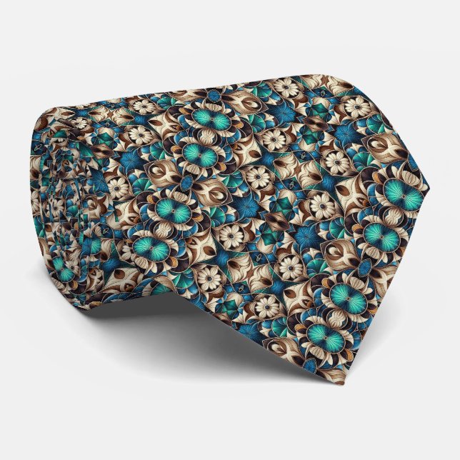 Vivid Blue, Teal, Brown & Cream Floral Pattern	 Tie (Rolled)