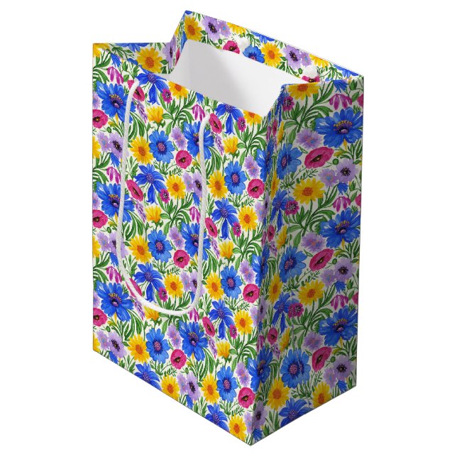 Vivid Blue Yellow Red Purple Flowers Pattern Medium Gift Bag (Front Angled)