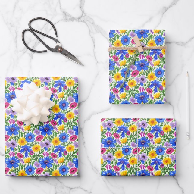 Vivid Blue Yellow Red Purple Flowers Pattern Wrapping Paper Sheet (Front)