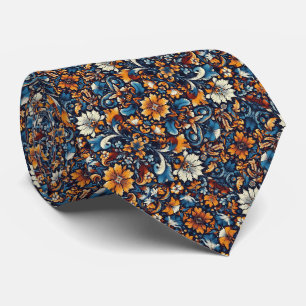 Vivid Blues, Orange & White Floral Swirl Pattern Tie