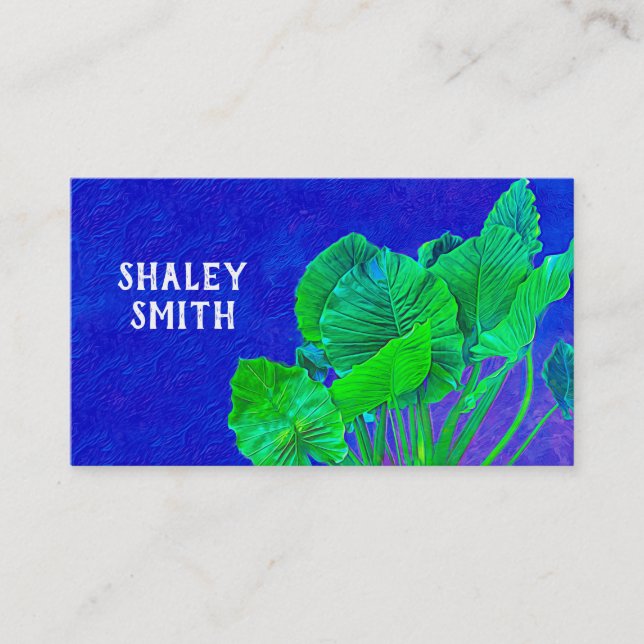 vivid bold blue  with green leaves nature art  business card (Front)