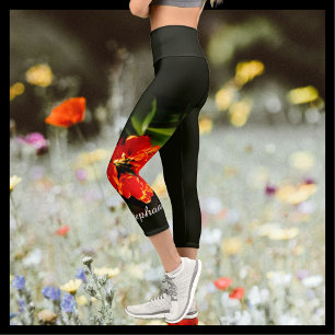 Vivid Bright Orange Floral with Personalised Name Capri Leggings