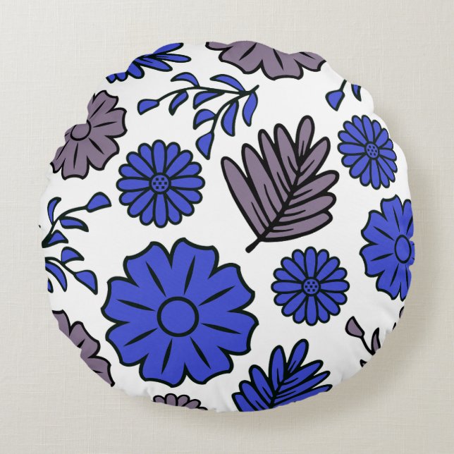 Vivid Brown & Deep Blue Floral Round Pillow (Front)