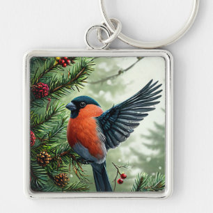 Vivid Bullfinch Perched on a Snowy Branch Key Ring