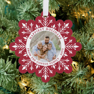Vivid Burgundy Snowflake Happy Holidays Photo Tree Decoration Card