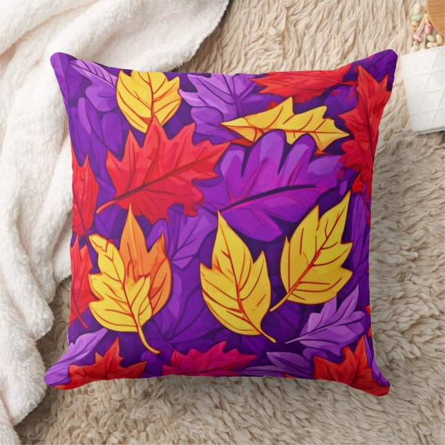 Vivid Cartoon Leaves: Purple, Yellow, Red Cushion (Blanket)