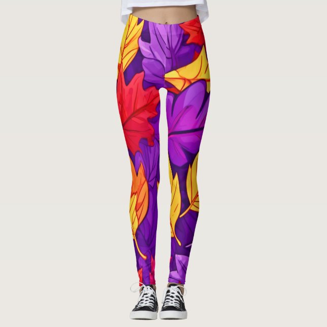 Vivid Cartoon Leaves: Purple, Yellow, Red Leggings (Front)
