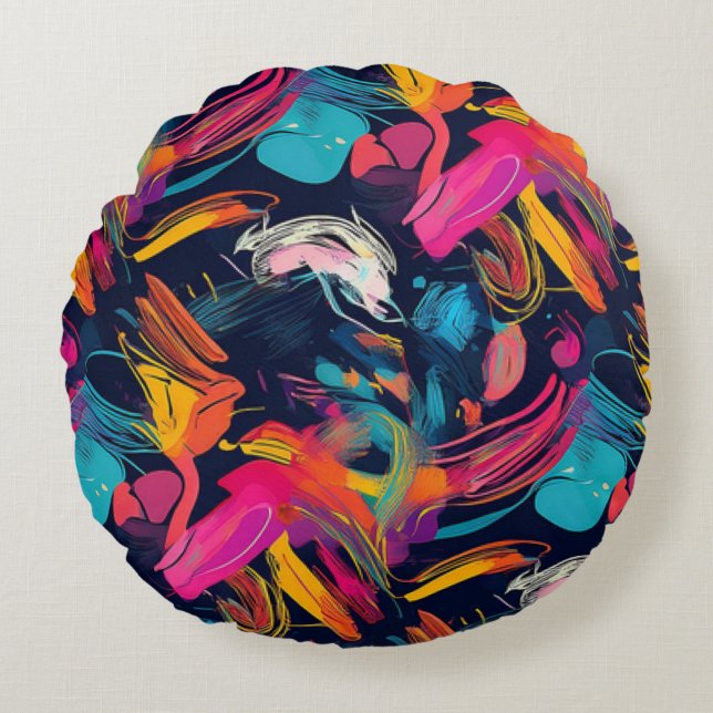 Vivid Chaos Splash Graffiti Round Cushion (Front)