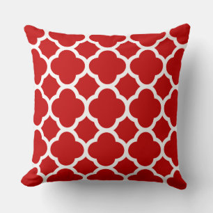 Vivid Cherry Red and White Quatrefoil Pattern Cushion