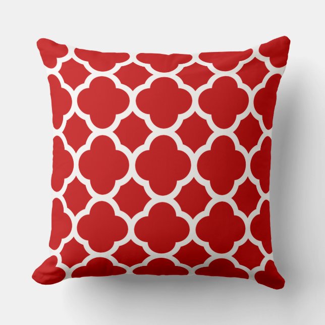 Vivid Cherry Red and White Quatrefoil Pattern Cushion (Front)