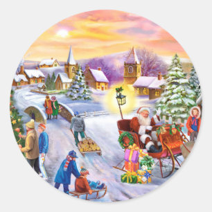 Vivid christmas village scene classic round sticker