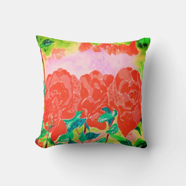 Vivid Coral Roses Throw Pillow (Front)