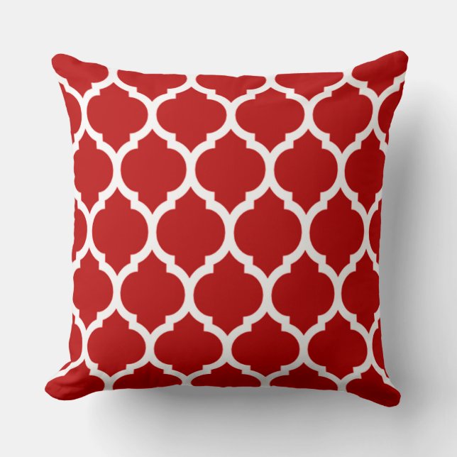 Vivid Dark Cherry Red Moroccan Quatrefoil Pattern Cushion (Front)