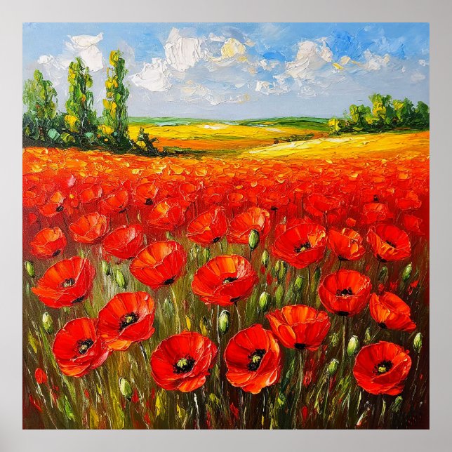 Vivid Field of Blooming Red Poppies Poster (Front)