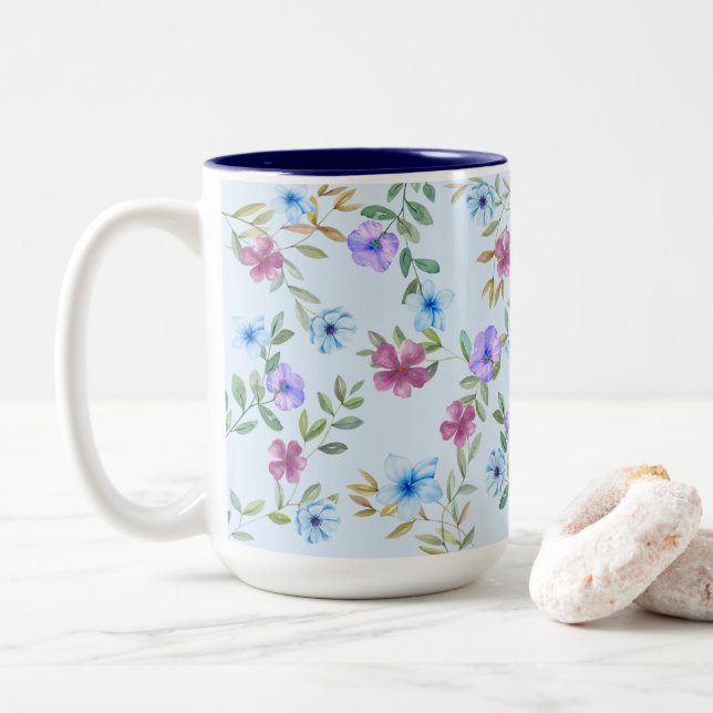Vivid Floral Garden Two-Tone Coffee Mug (With Donut)