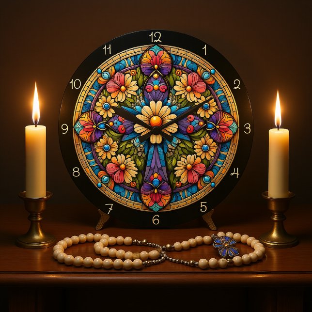 Vivid Floral Stained Glass Cross  Large Clock (Creator Uploaded)