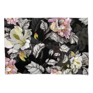 Vivid Floral Watercolor: Black Background Pillowcase