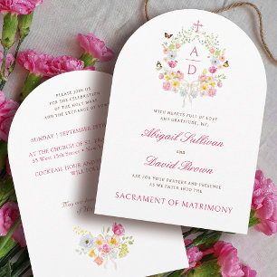 Vivid Flowers Frame Monograms Catholic Wedding Invitation