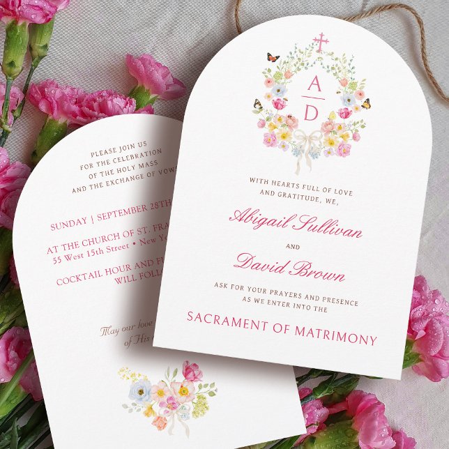 Vivid Flowers Frame Monograms Catholic Wedding Invitation (Creator Uploaded)