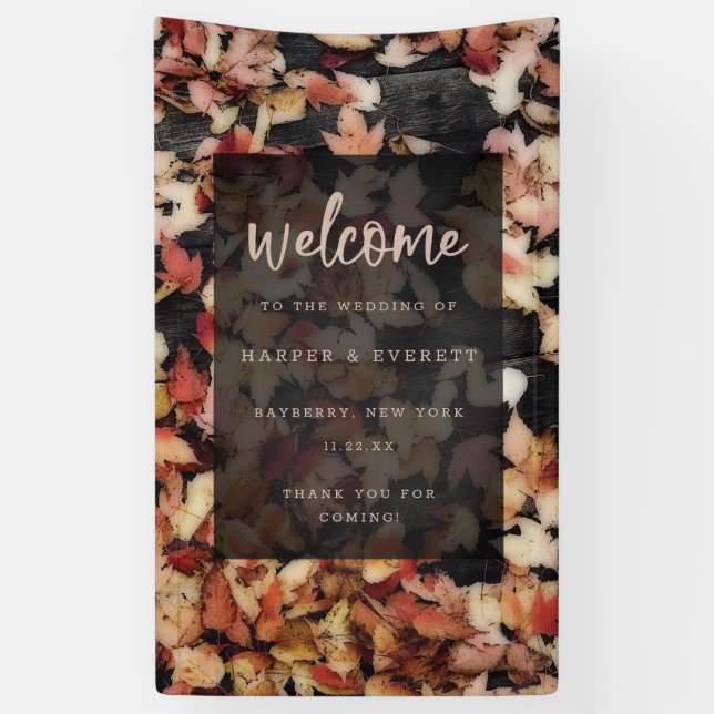 Vivid Foliage | Fall Leaves & Dark Wood Welcome Banner (Vertical)