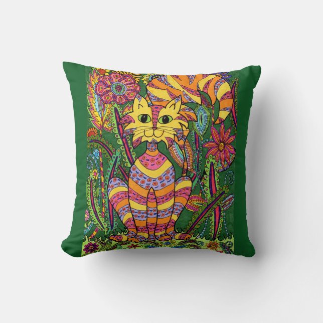 Vivid Garden Cat 2 with Green Background Cushion (Front)