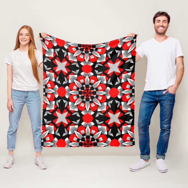 Vivid Geometric Mandala Design with Red, Black Fleece Blanket (In Situ)