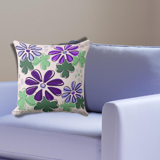 Vivid Green and Purple Clover & Flower Doodle Cushion